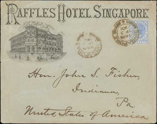 Raffles Hotel. 1901 (Sep 3) Pictorial advertising envelope depicting the hotel with carriages and