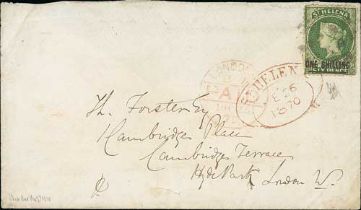 1870 (Feb 26) Cover to London franked 1/- (S.G. 18) tied by cork cancel (Proud K13) and red "ST.