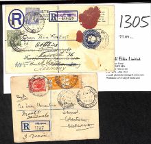 Raffles Hotel. 1920-23 Registered covers, the first franked 14c to G.B, the second a 10c