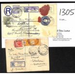 Raffles Hotel. 1920-23 Registered covers, the first franked 14c to G.B, the second a 10c