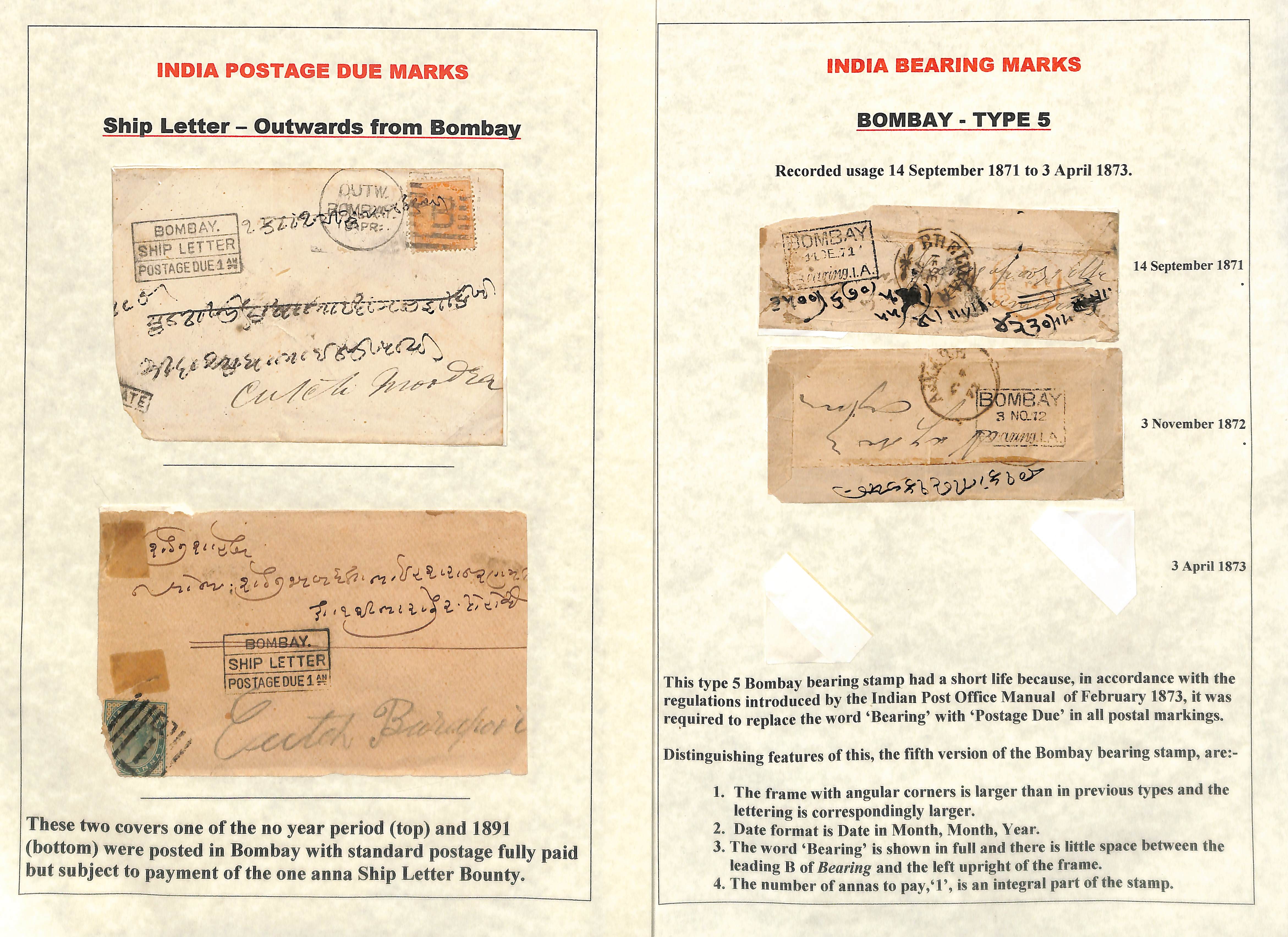 Bombay. 1860-1901 Covers with Bombay Postage Due or Bearing handstamps, the study of types with