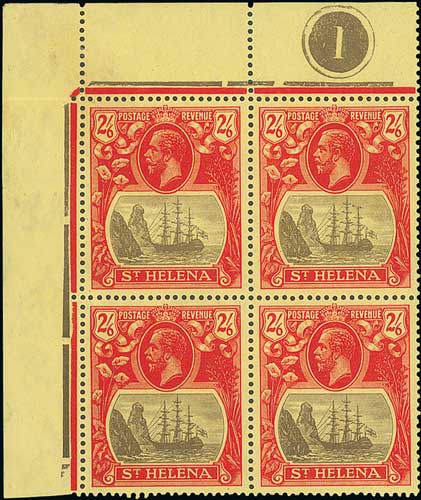 1927 2/6 Grey and red on yellow, watermark Multiple Script CA, upper left corner plate block of
