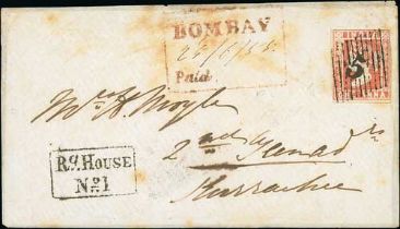 Bombay - Suburban Offices. 1855 Cover to Kurrachee with 1854 1a (two margins) tied by "5" in a
