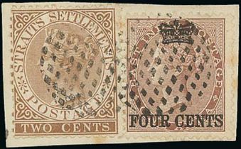 c.1867 Pieces bearing 1867 (Sept) 4c on 1a in combination with 1867-72 2c cancelled by two circles