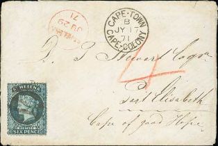 1871 (June 29) Cover to Port Elizabeth, Cape of Good Hope, bearing 1861 6d intermediate perf 14 to
