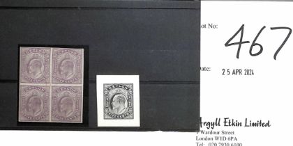 1903 KEVII 5c, Die Proof in black on white glazed card, reduced to 27x33mm, and imperf plate proof