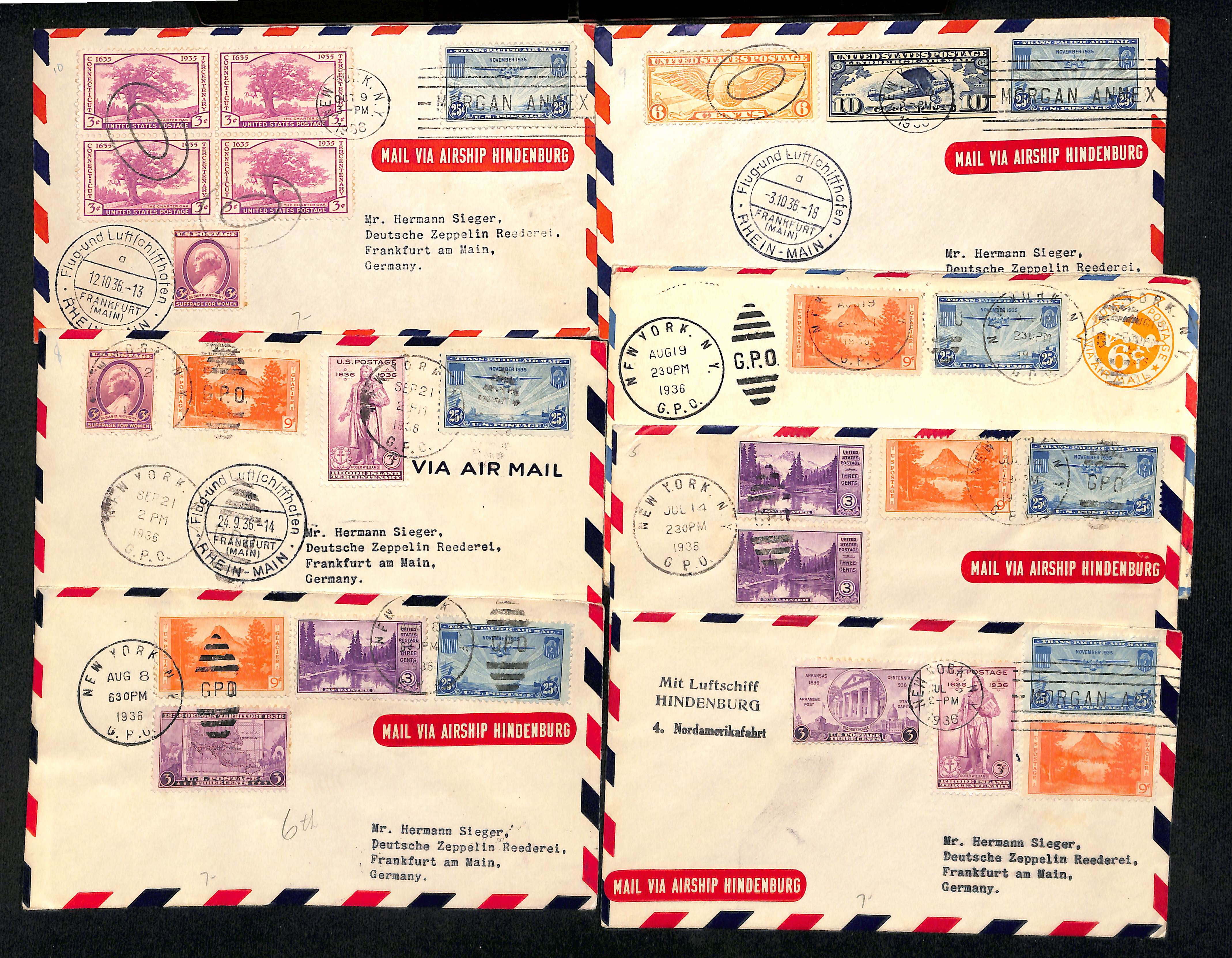 USA. 1936 (May-Oct) Covers carried on the ten "Hindenburg" Zeppelin flights from Lakehurst to