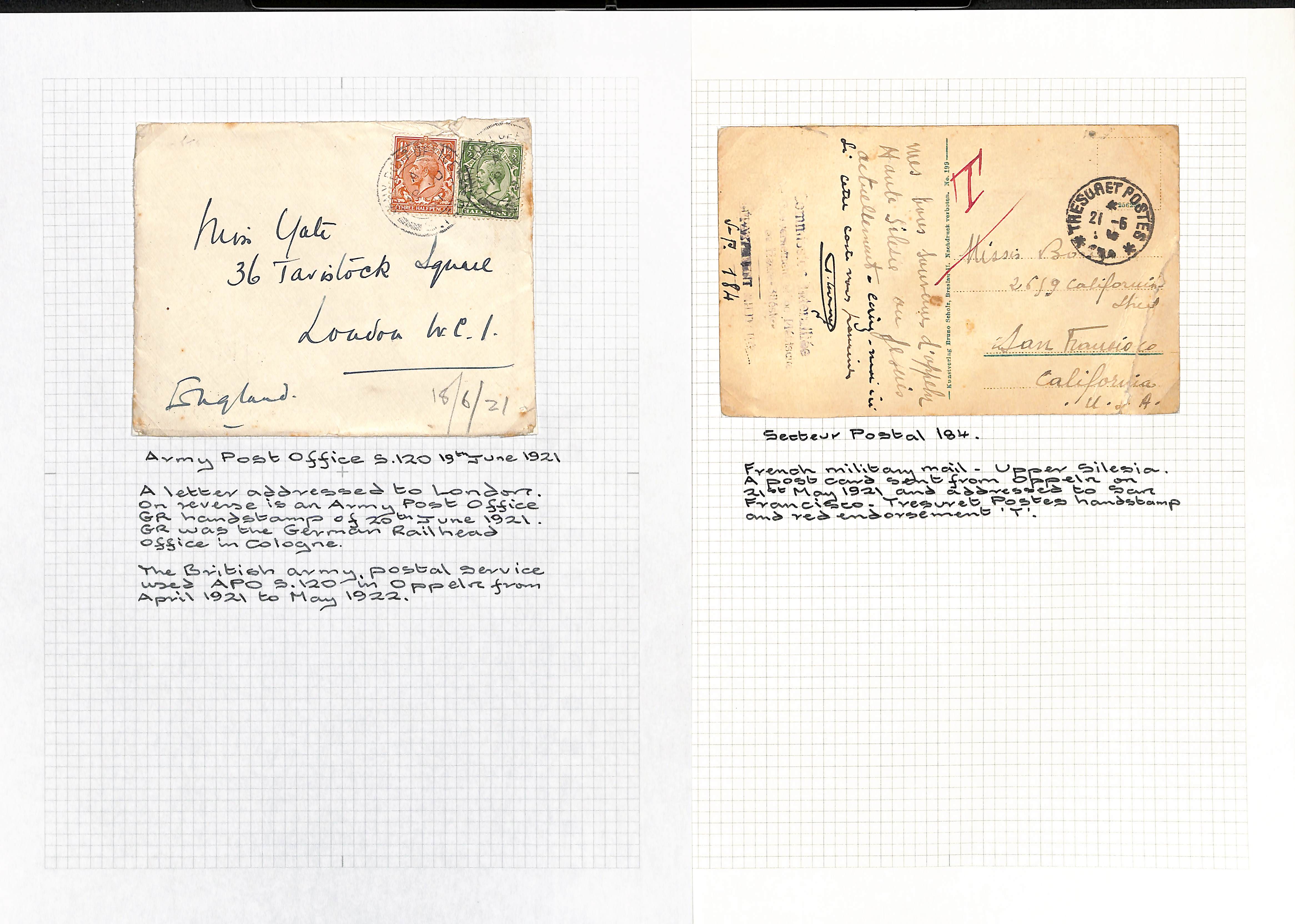 Upper Silesia. 1921 Covers and cards comprising Aug. 19th cover franked G.B ½d + 1½d cancelled "ARMY