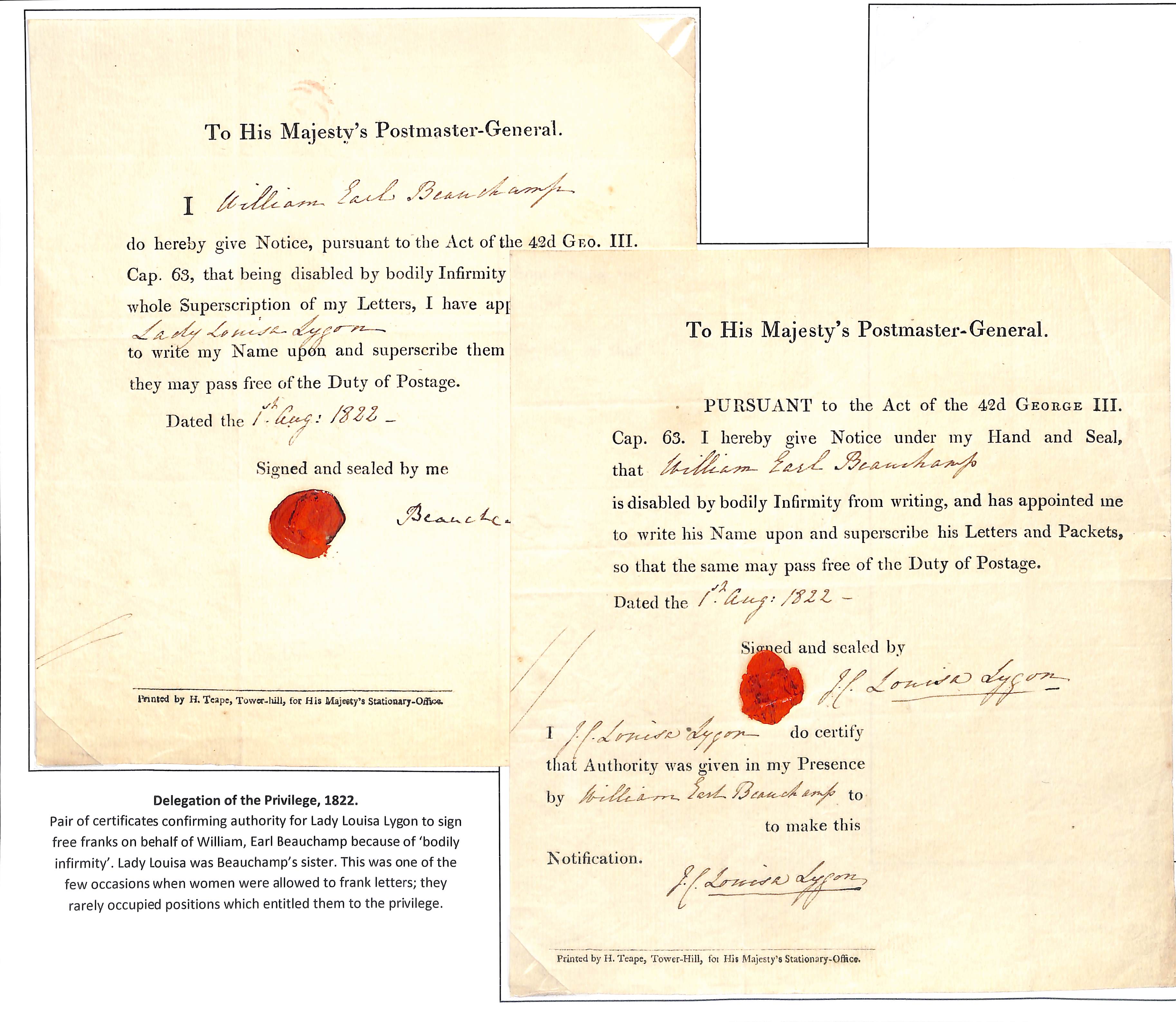 1822 (Aug 1) Printed forms "To His Majesty's Postmaster-General" allowing Lady Louissa Lygon to sign