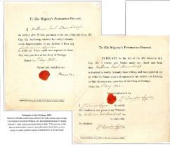 1822 (Aug 1) Printed forms "To His Majesty's Postmaster-General" allowing Lady Louissa Lygon to sign