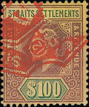 1904-10 Multiple Crown CA $25 (2) and $100 fiscally used, the two $25 stamps removed from the same