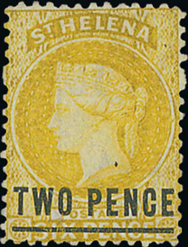 1873 2d Yellow surcharge type C in blue-black, mint, large part original gum, small pinhole but
