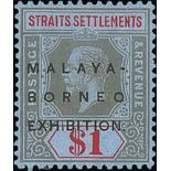 1922 Malaya-Borneo Exhibition, Multiple Crown CA $1, $2 and $5 mint, the $2 with raised stop variety