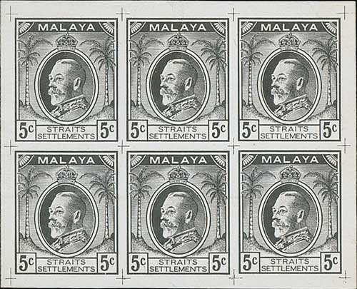 1934 Survey Dept Essays, inscribed 5 cents, similar to type U but "Malaya" in negative lettering