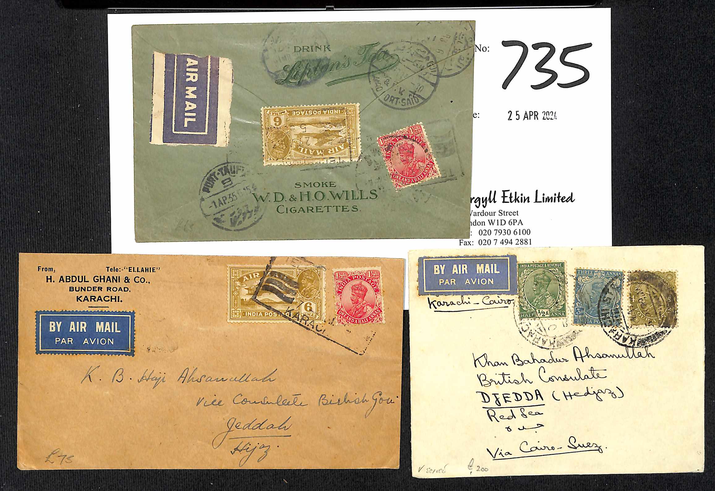 Saudi Arabia. 1932-35 Commercial air mail covers from Karachi to Jeddah franked 7½a, all flown