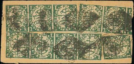 c.1894 Local registered cover bearing 1894 redrawn imperf ¼a green strips of four and three, pair