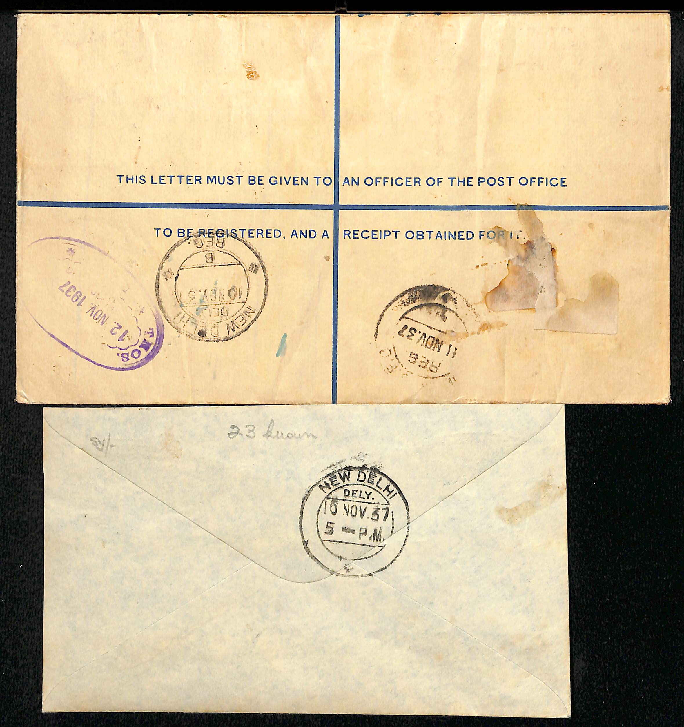 1937 (Nov 10) Gwalior to Delhi, first return flight by Tata, cover with Gwalior overprint QV - Image 2 of 2