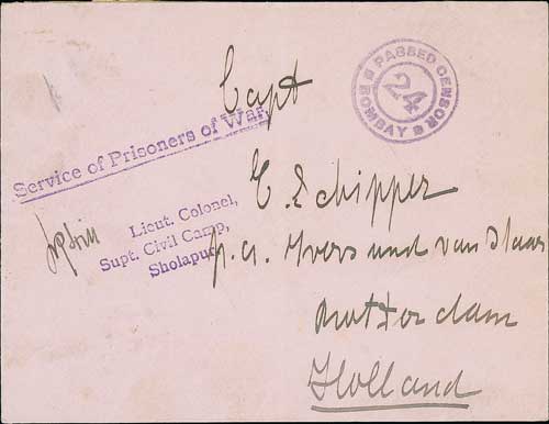 Sholapur. c.1918 Stampless cover to Holland with censor label on reverse, and a Prisoners of War - Image 2 of 2