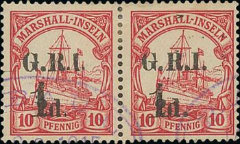 1915 Marshall Islands 1d on 2d on 10pf horizontal pair, fine used with violet oval Rabaul
