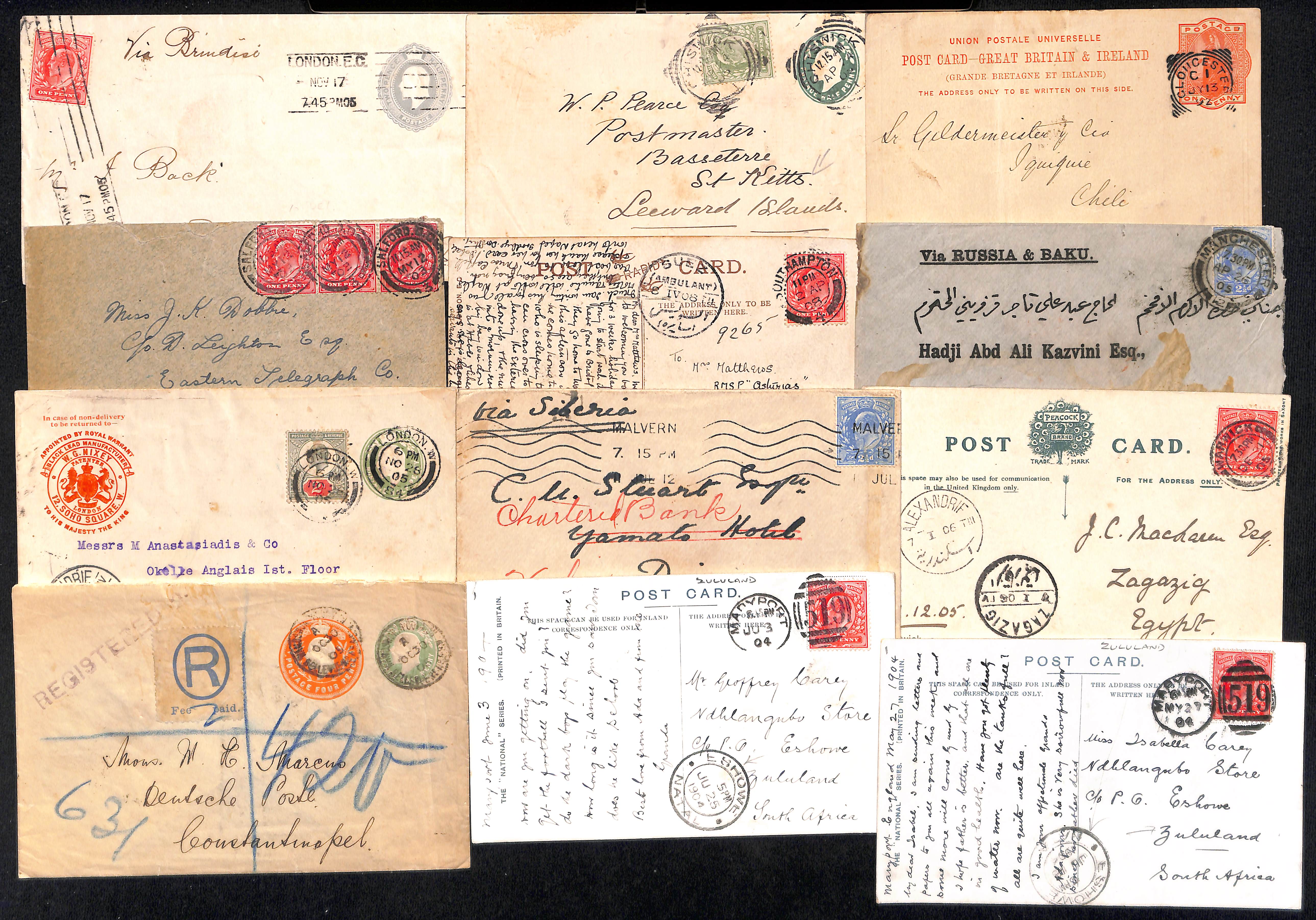 1889-1912 Covers and cards to unusual destinations, mainly KEVII stamps, including 1912 cover (KEVII