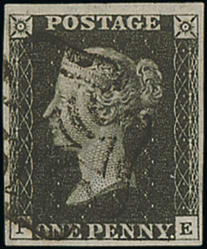 1840 1d Black, PE plate 10, good to large margins, used with a black Maltese Cross, an unusually