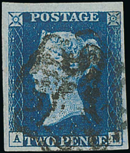 1840 2d Blues, plate 1 AN, CC, DJ, HG, HK with black Maltese Crosses, IF and MG with red Maltese