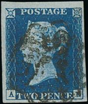 1840 2d Blues, plate 1 AN, CC, DJ, HG, HK with black Maltese Crosses, IF and MG with red Maltese