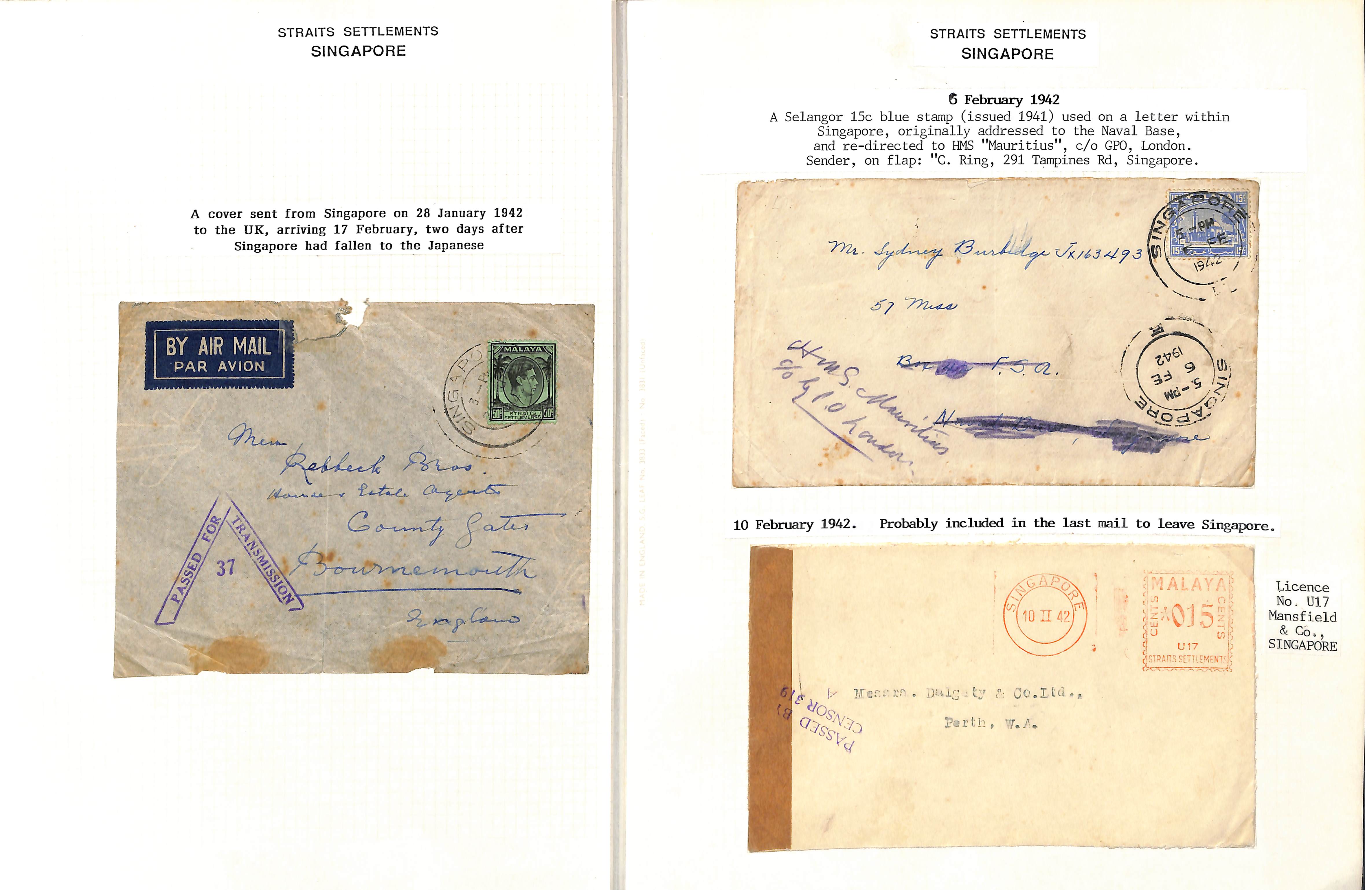 1942 (Jan 27 - Feb 10) Covers sent shortly before the fall of Singapore, comprising 1941 (Dec 1)
