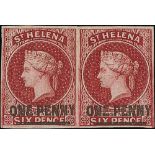 1860 1d Lake surcharge type B, mint pair, variety imperforate, the watermark reversed, original