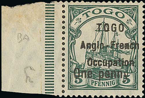 1914 (Oct 1) Surcharges with type 1 wide setting overprint, ½d on 3pf mint (2, one with thin "y"