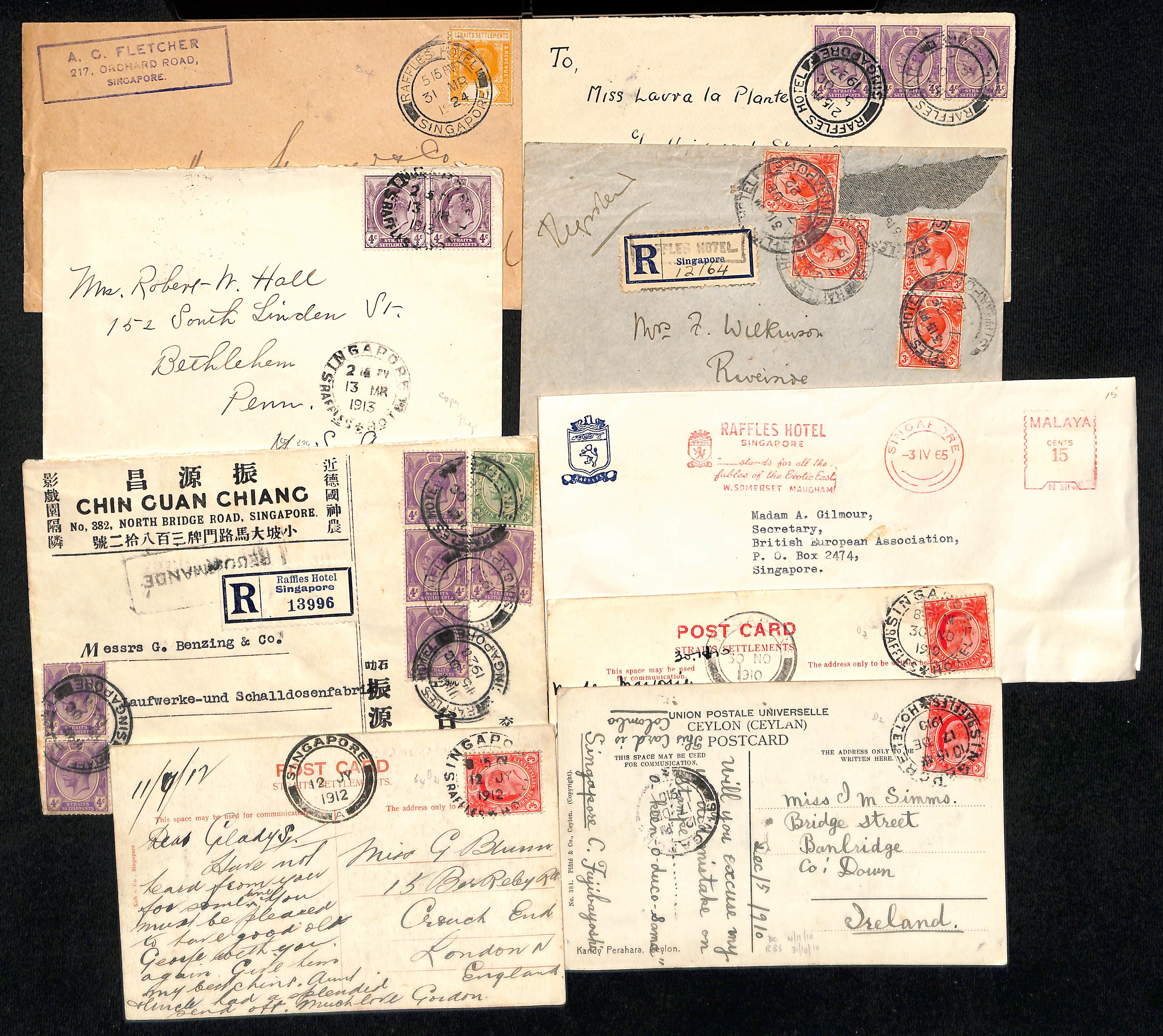 Raffles Hotel. 1910-29 Covers and cards (also two post-war covers), including 1915 Raffles Hotel - Image 2 of 3