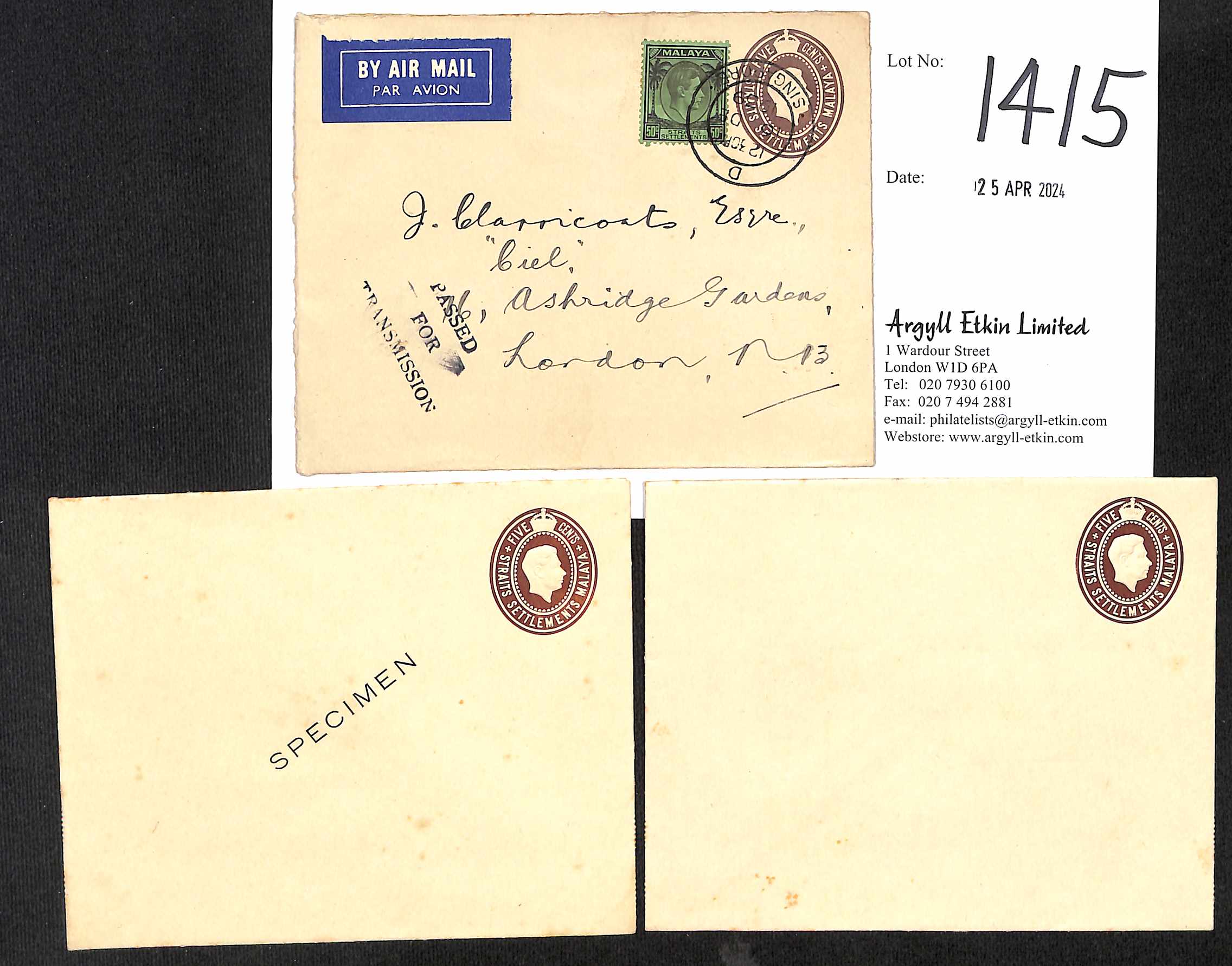 1939 KGVI 5c Brown envelopes Specimen, unused, or used to England franked 50c with a blue Air Mail