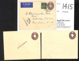 1939 KGVI 5c Brown envelopes Specimen, unused, or used to England franked 50c with a blue Air Mail