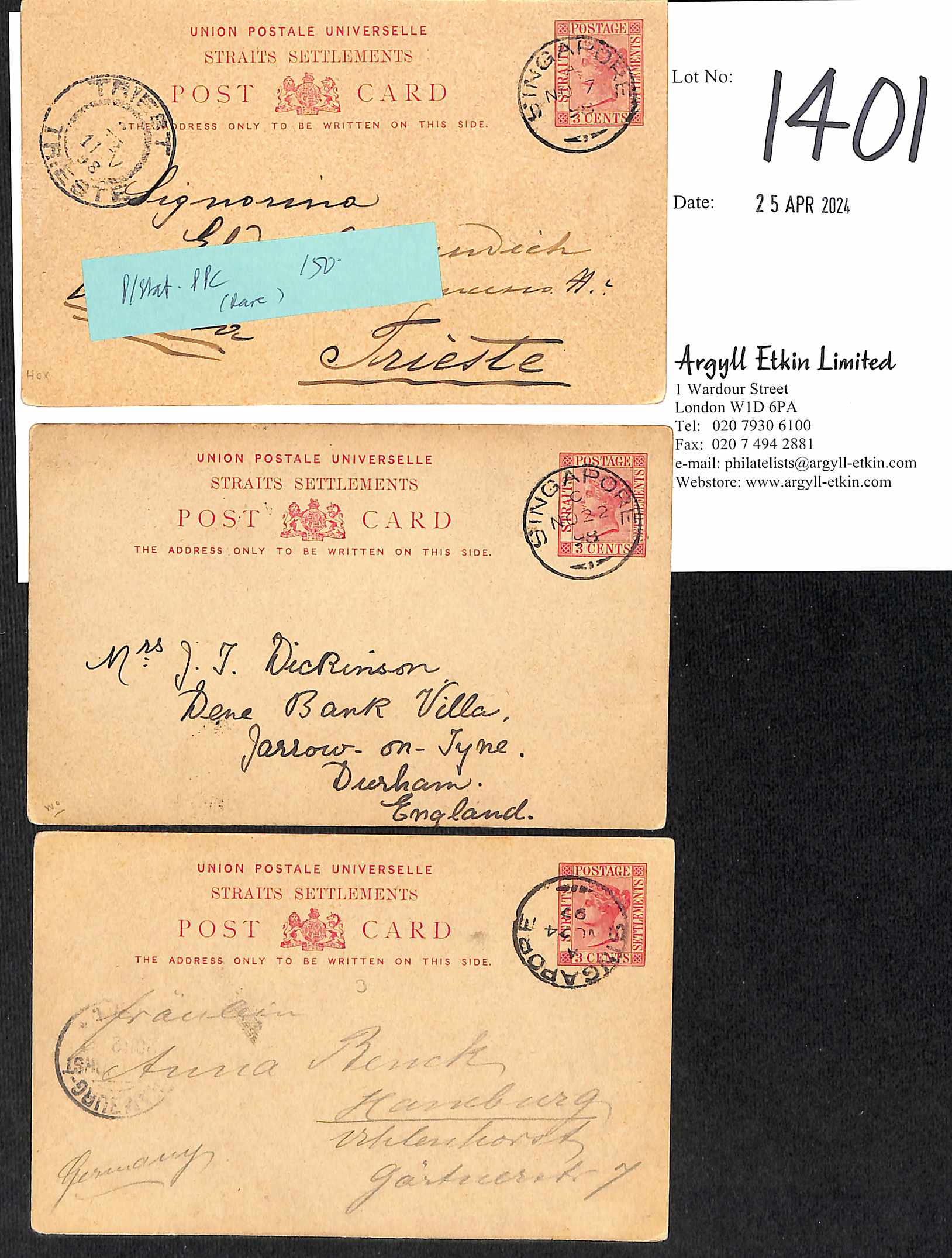 1898 3c Carmine postcards all with printed views on the reverse, with "Greetings from Singapore" (2)