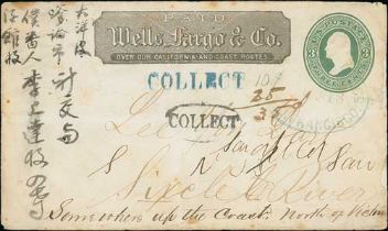 c.1876 USA 3c Postal stationery envelope with printed "PAID / Wells, Fargo & Co." from San Francisco