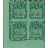1927 1/6 Grey and green on green, watermark Multiple Script CA, lower left corner marginal block