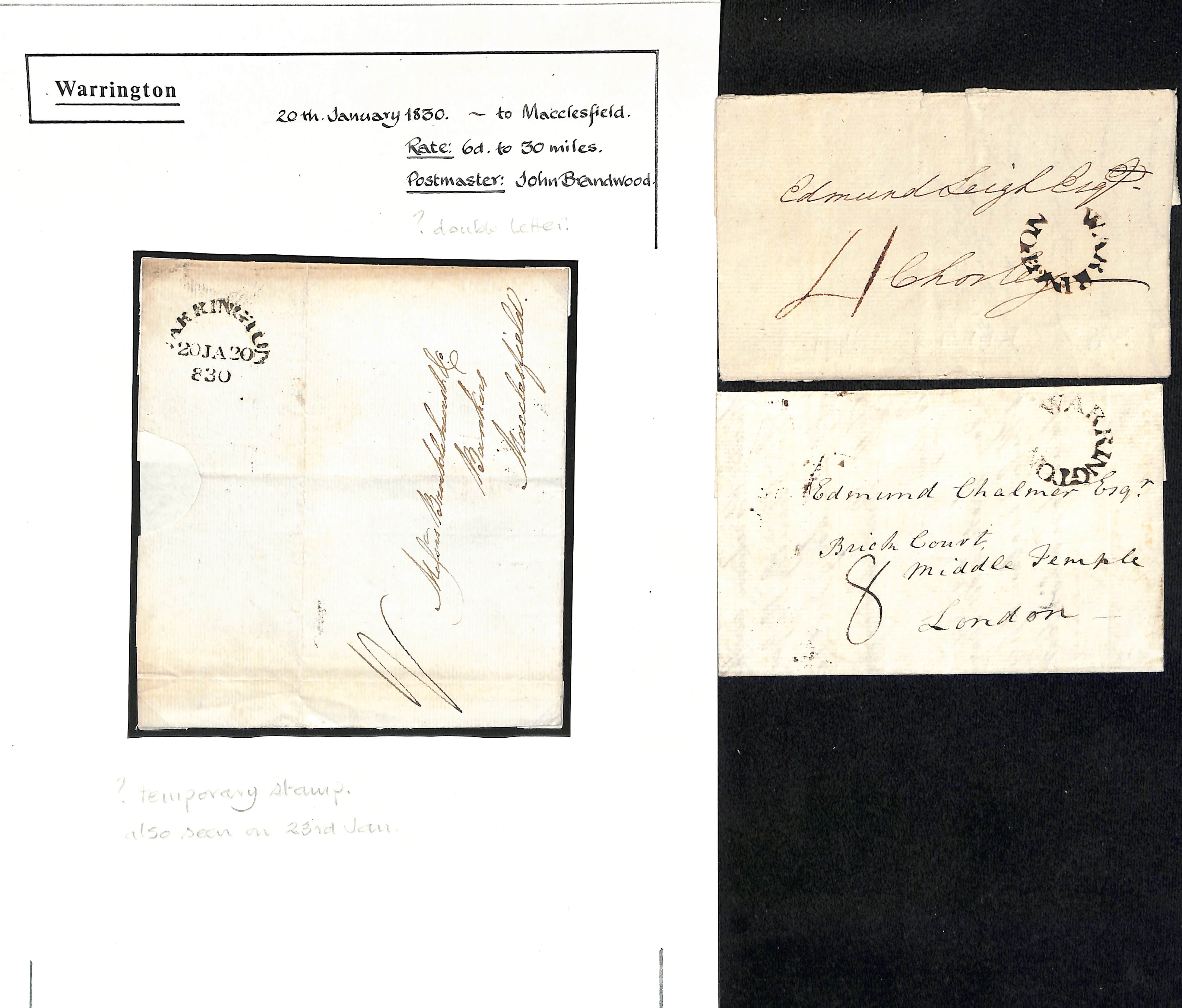 Lancashire - Warrington. 1780-1830 Entire letters (6) and entires (3), various handstamps