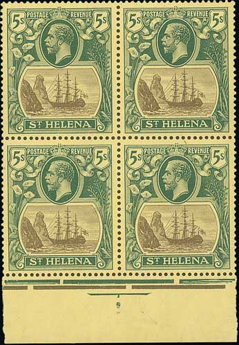 1922 5/- Grey and green on yellow, watermark Multiple Crown CA, unmounted mint block of four with