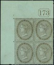 1910 1/- Black on green, upper left corner marginal block of four with current number "173", stamp