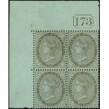 1910 1/- Black on green, upper left corner marginal block of four with current number "173", stamp