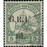 Setting I surcharges with 6mm spacing on New Guinea stamps, selection comprising 1d on 5pf mint