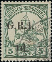 Setting I surcharges with 6mm spacing on New Guinea stamps, selection comprising 1d on 5pf mint