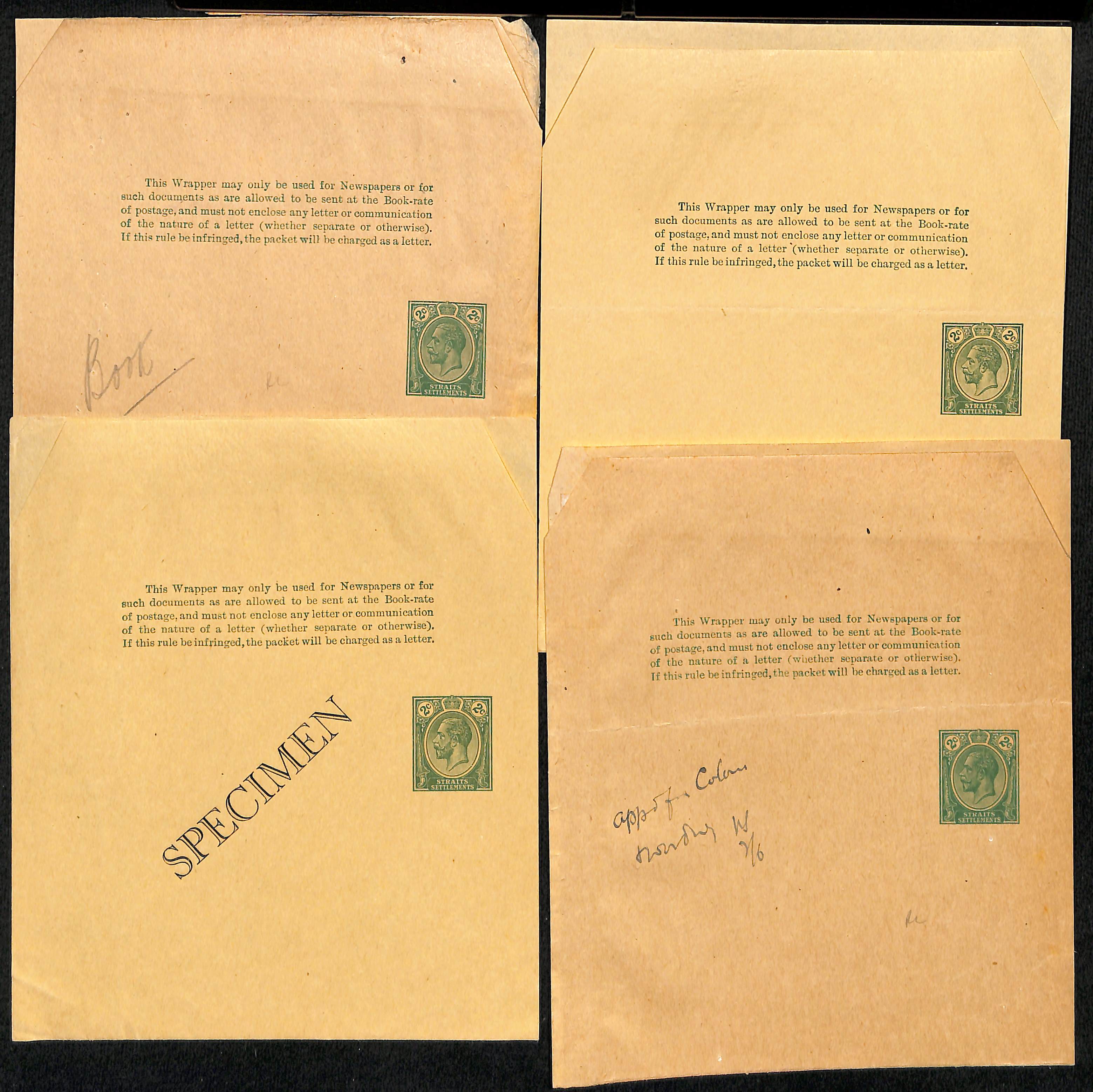 1928 KGV 2c Green newspaper wrappers Specimen or unused (2), also a proof from the De La Rue