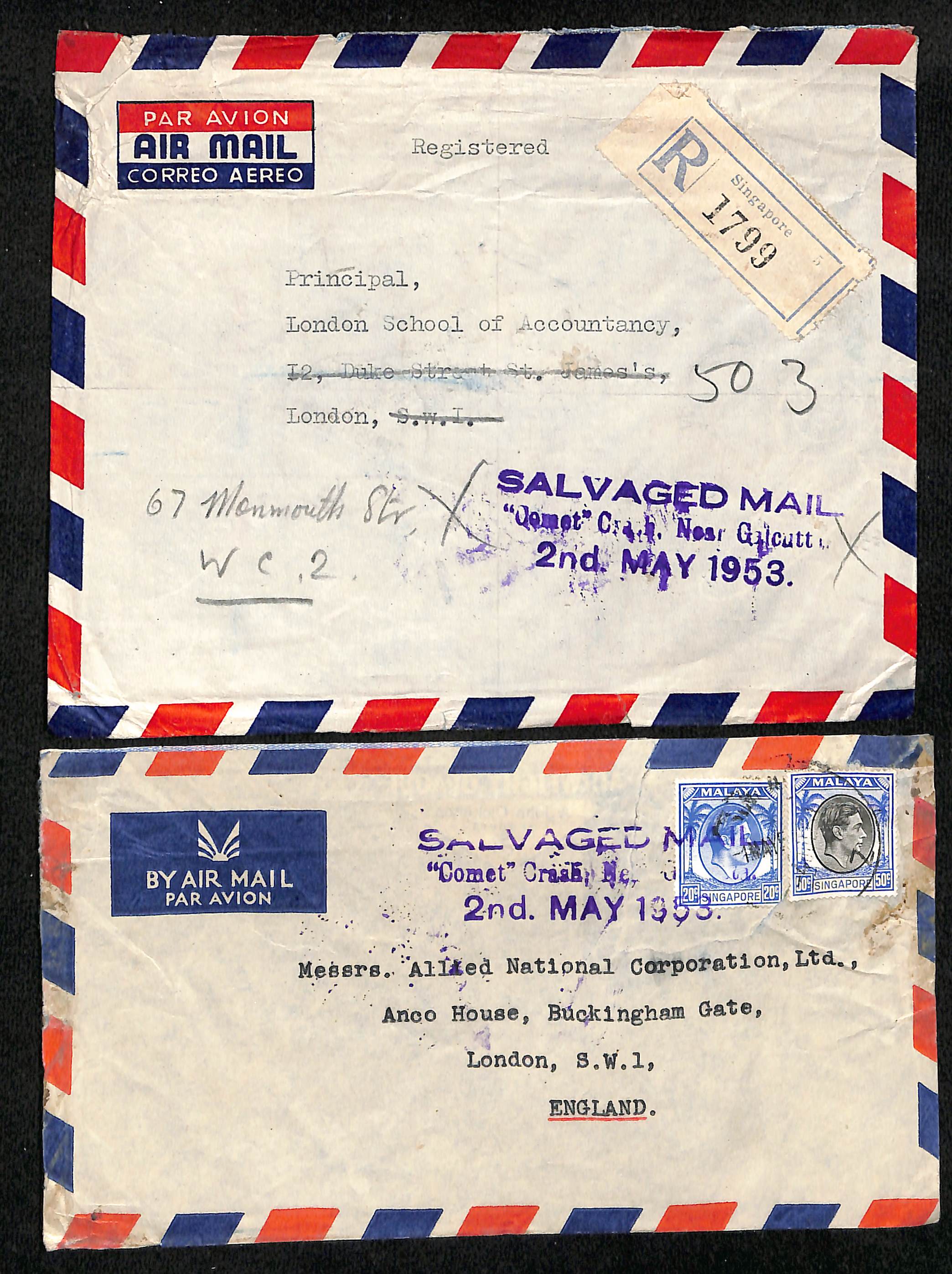 1953 (May 1) Covers from Singapore to London with large cachet (Calcutta spelt with a "G"), one
