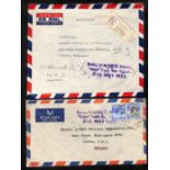 1953 (May 1) Covers from Singapore to London with large cachet (Calcutta spelt with a "G"), one