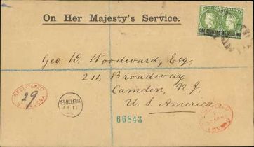 1869 (Apr 11) Registered O.H.M.S cover to USA bearing two 1/- stamps tied by cork cancels (Proud