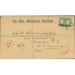 1869 (Apr 11) Registered O.H.M.S cover to USA bearing two 1/- stamps tied by cork cancels (Proud