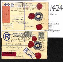 1938-39 KGVI Size G 15c Registration envelopes insured to England, franked 23c or 31c, one with