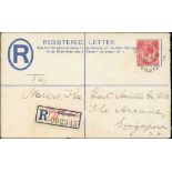 Raffles Hotel. 1914 (Apr 17) 10c Registration envelope sent within Singapore franked 3c, bearing a