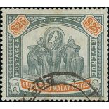 Federated Malay States. 1900 Crown CC $25 green and orange postally used with Ipoh c.d.s, good